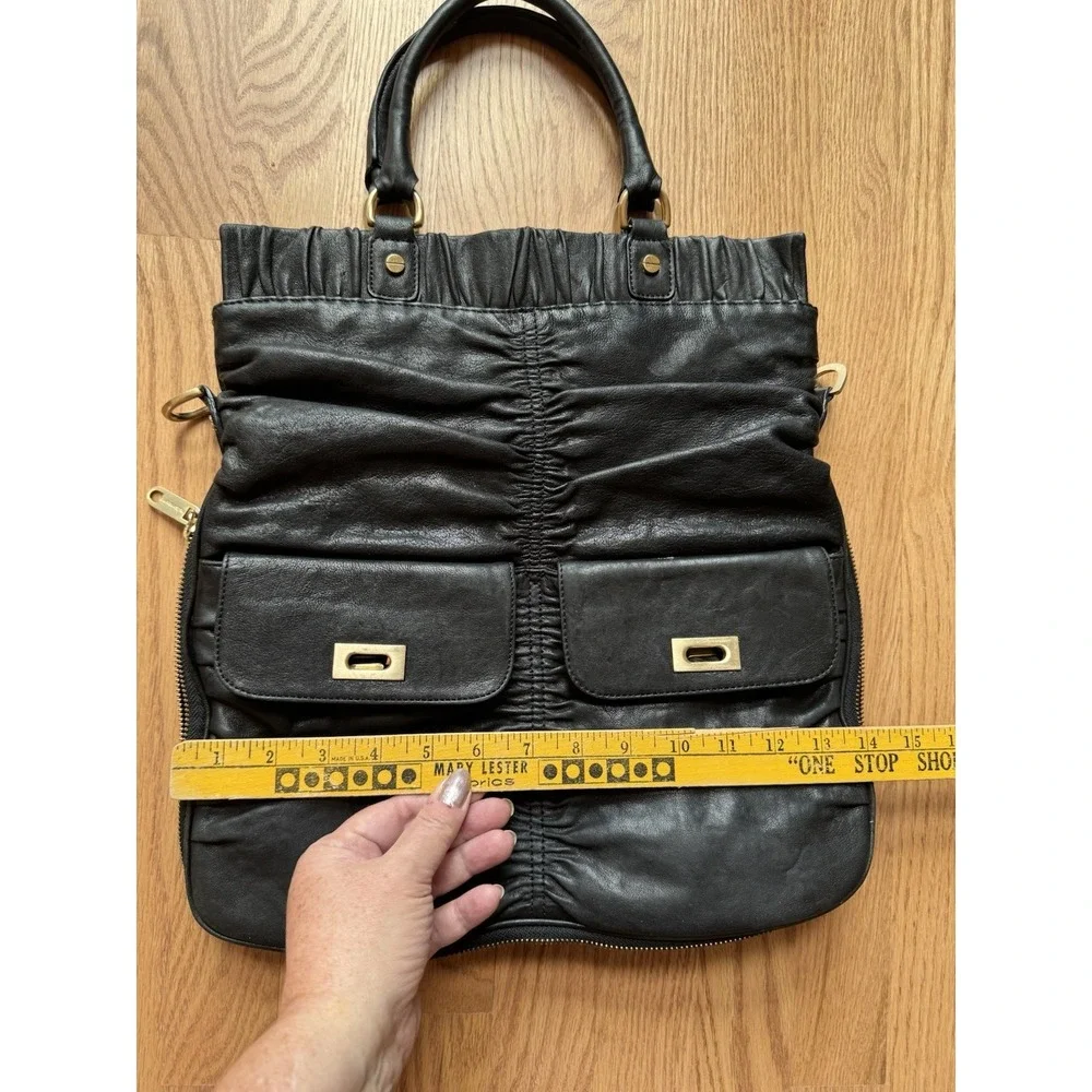 Alexis Hudson‎ Black Leather Ruched Tote Satchel Bag Gold Hardware READ